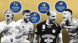 Die Kapitäne der vier Titelanwärter Salzburg, WAC, Sturm und Austria (v. li.) (Bild: Krone KREATIV/APA/picturedesc.com, GEPA pictures (3), Andreas Tröster, stock.adobe.com)