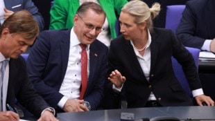 Tino Chrupalla und Alice Weidel verkaufen die Stillhaltezusage als „Teilerfolg“. (Bild: EPA/CLEMENS BILAN)