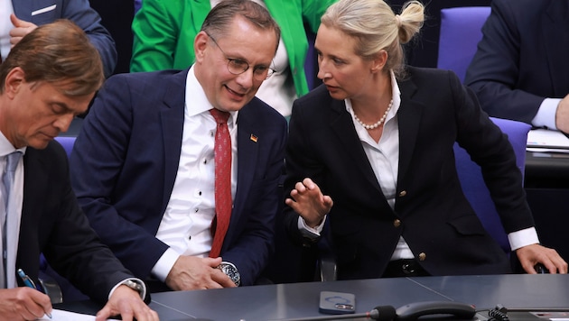 Tino Chrupalla und Alice Weidel verkaufen die Stillhaltezusage als „Teilerfolg“. (Bild: EPA/CLEMENS BILAN)