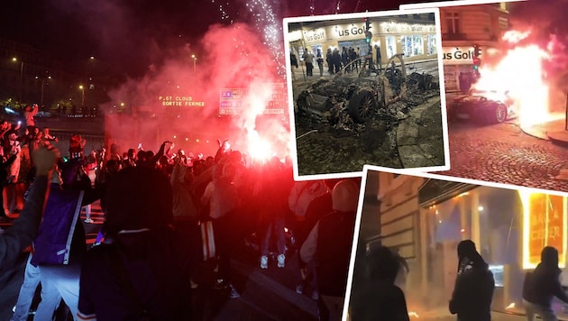 Nach dem Champions-League-Spiel in Paris ging‘s in der Nacht drunter und drüber. (Bild: AFP/APA/GEOFFROY VAN DER HASSELT, Twitter.com)