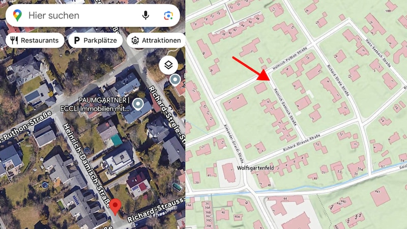 Damisch statt Thimig: Links Google Maps, rechts der offizielle Stadtplan der Stadt Salzburg (Bild: Screenshot Google Maps/www.stadt-salzburg.at)