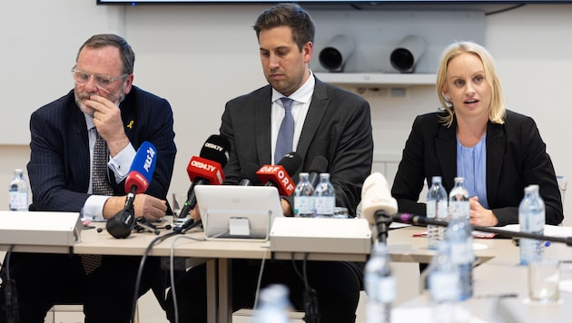 Josef Schellhorn (NEOS), Alexander Pröll (ÖVP) und Michaela Schmidt (SPÖ) beim Hintergrundgespräch zum Budget. (Bild: Urbantschitsch Mario)