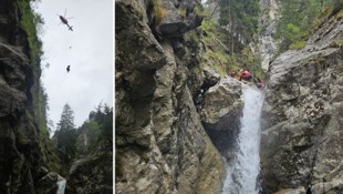 Die Bergretter und Crew des Notarzthubschraubers bereiteten im Bach die Taubergung vor (rechts), dann flog der Heli das Mädchen aus der Schlucht. (Bild: Bergrettung Imst)