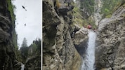 Die Bergretter und Crew des Notarzthubschraubers bereiteten im Bach die Taubergung vor (rechts), dann flog der Heli das Mädchen aus der Schlucht. (Bild: Bergrettung Imst)