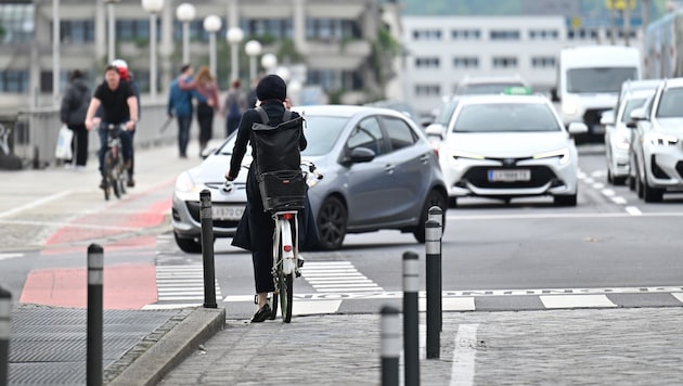 Die Nibelungenbrücke wird von Auto-, Radfahrern und Fußgängern benutzt – da wird es eng (Bild: Kerschbaummayr Werner)