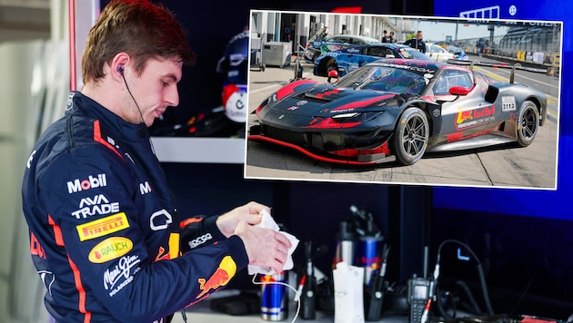 Max Verstappen fuhr einen GT3 Ferrari am Nürburgring. (Bild: Krone KREATIV/APA/Getty Images via AFP/GETTY IMAGES/Mark Thompson, x.com/tgruener)