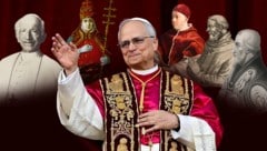 Papst Leo XIV. umringt von einigen seiner Vorgänger gleichen Namens (Bild: Krone KREATIV/APA picturedesk)