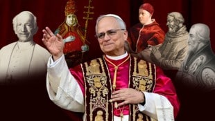 Papst Leo XIV. umringt von einigen seiner Vorgänger gleichen Namens (Bild: Krone KREATIV/APA picturedesk)