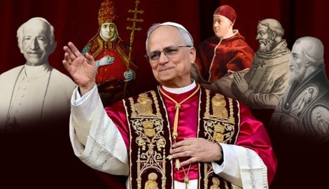 Papst Leo XIV. umringt von einigen seiner Vorgänger gleichen Namens (Bild: Krone KREATIV/APA picturedesk)