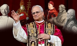 Papst Leo XIV. umringt von einigen seiner Vorgänger gleichen Namens