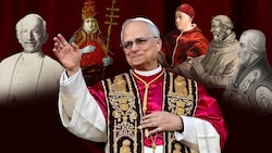 Papst Leo XIV. umringt von einigen seiner Vorgänger gleichen Namens (Bild: Krone KREATIV/APA picturedesk)