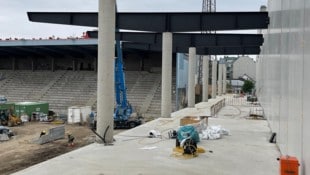 Die neue Haupttribüne, bereits mit den Dachstützen. (Bild: Sportclub)