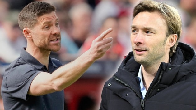 Xabi Alonso verlässt Bayer Leverkusen zum Saisonende. Sportchef Simon Rolfes (re.) ist auf der Suche nach einem Nachfolger. (Bild: Krone KREATIV/ASSOCIATED PRESS/Martin Meissner, GEPA Pictures)