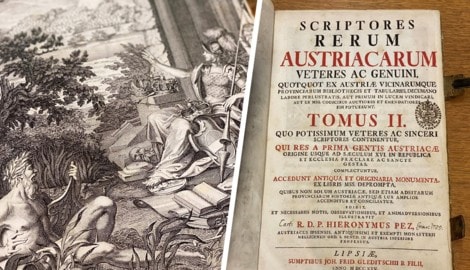 Lange verschollen, schön illustriert: das Werk mit dem (verkürzten) Titel: „Scriptores Rerum Austriacarum“  (Bild: Krone KREATIV/Unibibliothek Wien)