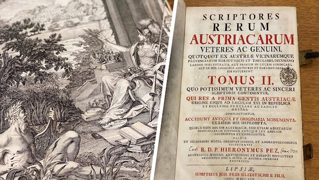 Lange verschollen, schön illustriert: das Werk mit dem (verkürzten) Titel: „Scriptores Rerum Austriacarum“  (Bild: Krone KREATIV/Unibibliothek Wien)