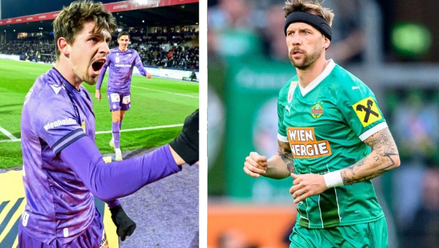 Austrias Dominik Fitz kracht heute auf Rapids Stefan Burgstaller.