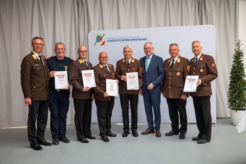 Landesvize Stephan Pernkopf und Landesfeuerwehrkommandant Dietmar Fahrafellner (2. von links) ehrten verdiente Feuerwehrmitglieder. (Bild: Matthias Fischer)