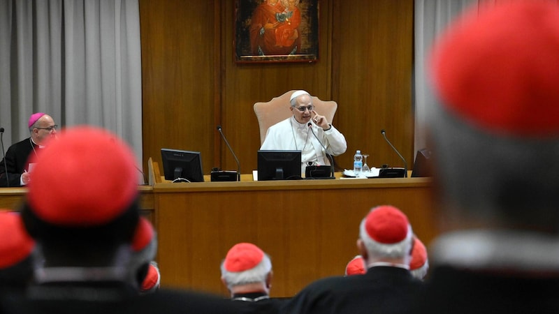 Der neugewählte Papst Leo XIV. hat am Samstag in der Audienzhalle Paul VI. die Kardinäle getroffen. Die Purpurträger begrüßten den neuen Pontifex mit einem langen Applaus. Das Treffen fand hinter verschlossenen Türen statt. (Bild: EPA/VATICAN MEDIA HANDOUT)