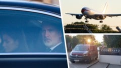Mit dem Airbus A 310 der Reino de Espana kamen König Felipe und seine Frau Letizia nach Linz. Danach ging‘s in einem schwarzen Mercedes ins Hotel Courtyard Marriott am Europaplatz. (Bild: Krone KREATIV/Daniel Scharinger/Vera Lischka)