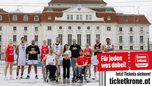 Österreichs Damen, Herren und Rollstuhl-Basketballer beim Wiener Eislaufverein am Heumarkt, wo das 3x3 Vienna steigt. (Bild: © Andreas Pichler-Kröss, APhotography)