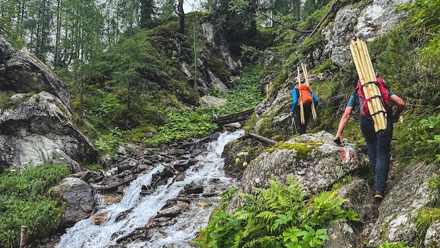 Werner Radl, Vorsitzender des Alpenvereins Kärnten, ist mit einem Kollegen hier schwer bepackt unterwegs, um einen Weg zu sanieren. 