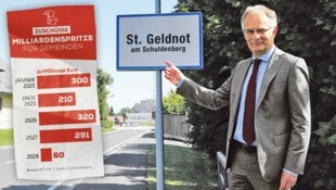 Gemeinden können die laufenden Kosten nicht mehr stemmen. Finanzminister Markus Marterbauer überweist nun Finanzspritzen in vier Tranchen. (Bild: Krone KREATIV)