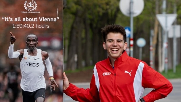 Aaron Gruen (re.) vor der Erinnerungstafel an Kipchoges Traumlauf.