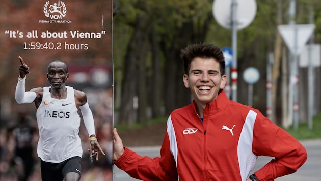 Aaron Gruen (re.) vor der Erinnerungstafel an Kipchoges Traumlauf.