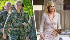 Von Camouflage zur Krone: Königin Máxima zeigt am 12. Mai, wie wandelbar royaler Alltag sein kann. (Bild: Krone KREATIV/Dutch Press Photo Agency / Action Press / picturedesk.com Dutch Press Photo Agency / picturedesk.com)