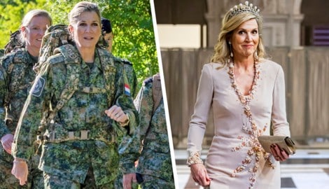 Von Camouflage zur Krone: Königin Máxima zeigt am 12. Mai, wie wandelbar royaler Alltag sein kann. (Bild: Krone KREATIV/Dutch Press Photo Agency / Action Press / picturedesk.com Dutch Press Photo Agency / picturedesk.com)