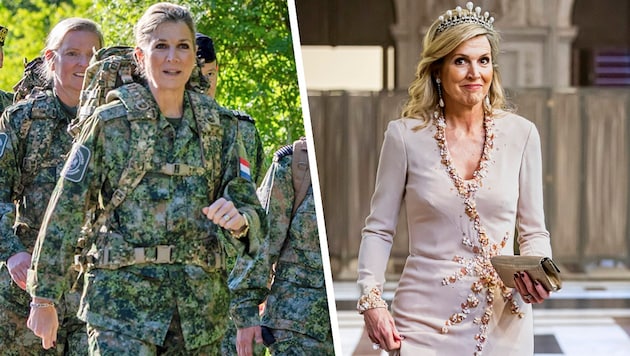 Von Camouflage zur Krone: Königin Máxima zeigt am 12. Mai, wie wandelbar royaler Alltag sein kann. (Bild: Krone KREATIV/Dutch Press Photo Agency / Action Press / picturedesk.com Dutch Press Photo Agency / picturedesk.com)