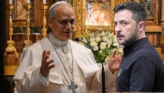 Papst Leo XIV. und der ukrainische Präsident Wolodymyr Selenskyj (Bild: EPA/VATICAN MEDIA HANDOUT, Kin Cheung/APA, Krone KREATIV)