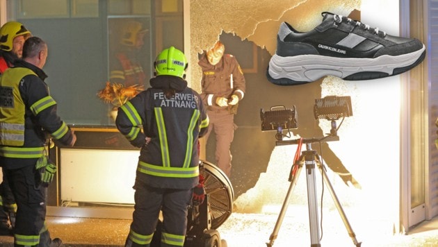 Diesen Schuh in Größe 44 verlor der Brandleger. (Bild: Krone KREATIV/Matthias Lauber/Polizei OÖ)