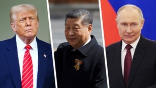 US-Präsident Donald Trump, Chinas Staatspräsident Xi Jinping und Russlands Wladimir Putin – drei große Player auf der Weltbühne. Im Internet und auf den Social-Media-Kanälen zählt die Strategie: direkter Eingriff oder Propaganda via Fake-Fabriken. (Bild: Krone KREATIV/EPA/Will Oliver, REUTERS/Maxim Shemetov, REUTERS/Yuri Kochetkov)
