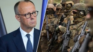 Für Merz steht die Bundeswehr an „erster Stelle“. (Bild: AFP/AP/Krone KREATIV)
