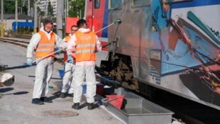 Ein Männer-Trio putzte flott einen Triebwagen. (Bild: Horst Einöder/Flashpictures)