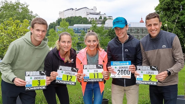 Salzburger Laufpower beim Marathon groß im Bild: Andreas Stöckl, Conny Stöckl-Moser, Eva Wutti, Dominik Hirczy (über die Halbdistanz) und Lukas Hollaus (v. li.).