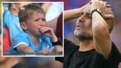Pep Guardiola (re.) will‘s nicht wahrhaben – ein junger Fan von Manchester City noch viel weniger. (Bild: AFP/AFP, Twitter.com)