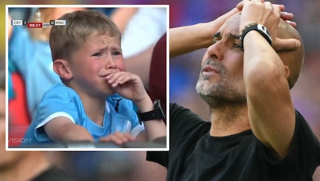 Pep Guardiola (re.) will‘s nicht wahrhaben – ein junger Fan von Manchester City noch viel weniger.