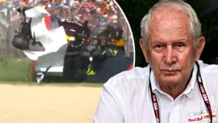 Helmut Marko (re.) äußert sich zum wilden Crash von Yuki Tsunoda. (Bild: Krone KREATIV/AFP/GABRIEL BOUYS, x.com/F1)