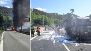 Der Lkw stand in Flammen und brannte komplett aus.  (Bild: Christof Birbaumer, Rotes Kreuz Innsbruck)