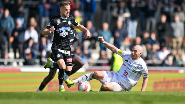 Nico Wimmer (re.) will mit dem WAC Sturm (Horvat) fällen – und wird bei Linz-Coach Scheiblehner ...