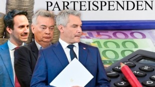 Der Unabhängige Parteien-Transparenz-Senat straft wegen unzulässiger Parteispenden: Im Fokus stehen u.a. die Social-Media-Aktivitäten von Karl Nehammer, Werner Kogler und Christoph Wiederkehr.  (Bild: Krone KREATIV/stock.adobe.com APA)