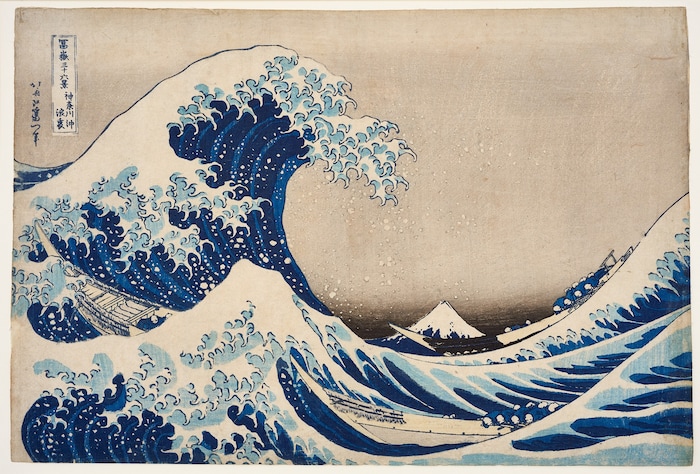 Aus den Beständen des MAK: Katsushika Hokusai, 36 Ansichten des Berges Fuji: „Unter der Welle bei Kanagawa“, Farbholzschnitt, Japan, um 1830. 