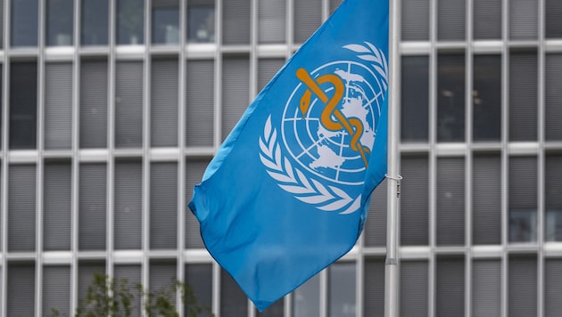 Die Flagge der WHO vor dem Hauptquartier der Gesundheitsorganisation