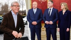 Wilfried Haslauer (li.) hat für das Treffen eine exklusive Destination ausgewählt. Auch die Spitzen der Bundesregierung, also Stocker, Babler und Meinl-Reisinger (v.l.), reisen zu der Konferenz an. (Bild: Markus Tschepp)