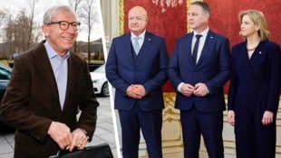 Wilfried Haslauer (li.) hat für das Treffen eine exklusive Destination ausgewählt. Auch die Spitzen der Bundesregierung, also Stocker, Babler und Meinl-Reisinger (v.l.), reisen zu der Konferenz an. (Bild: Markus Tschepp)