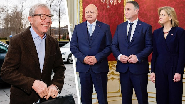 Wilfried Haslauer (li.) hat für das Treffen eine exklusive Destination ausgewählt. Auch die Spitzen der Bundesregierung, also Stocker, Babler und Meinl-Reisinger (v.l.), reisen zu der Konferenz an.