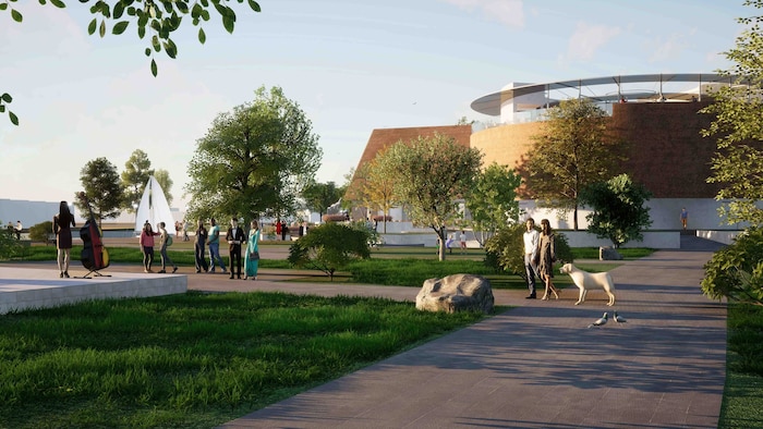 Ein Streitpunkt ist auch diese Wiese, die im Rendering mit Bühne gezeigt wird. Sie soll samt Baurecht ans Land gehen. 