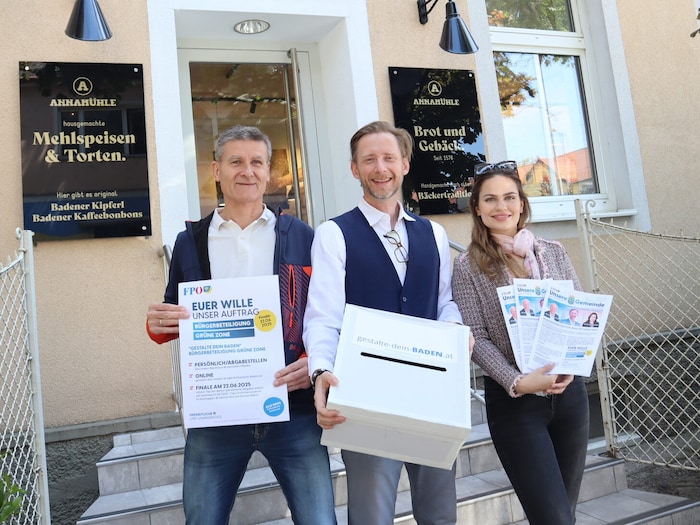 Die Meinung der Badener zur Grünen Zone wollen die FPÖ-Mandatare Frühbeck, Forsthuber und ...